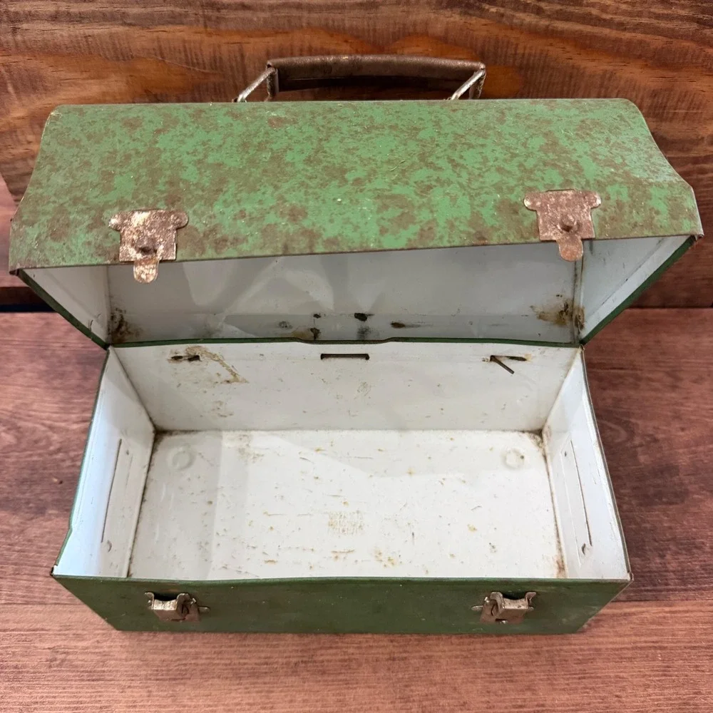 Vintage Antique Green Metal Dome Top Lunch Box Pail Star Embossed Patented 1920s